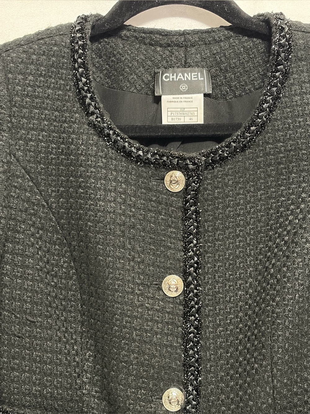 CHANEL Black Bouclé Tweed Jacket with silver Buttons, black embellishments